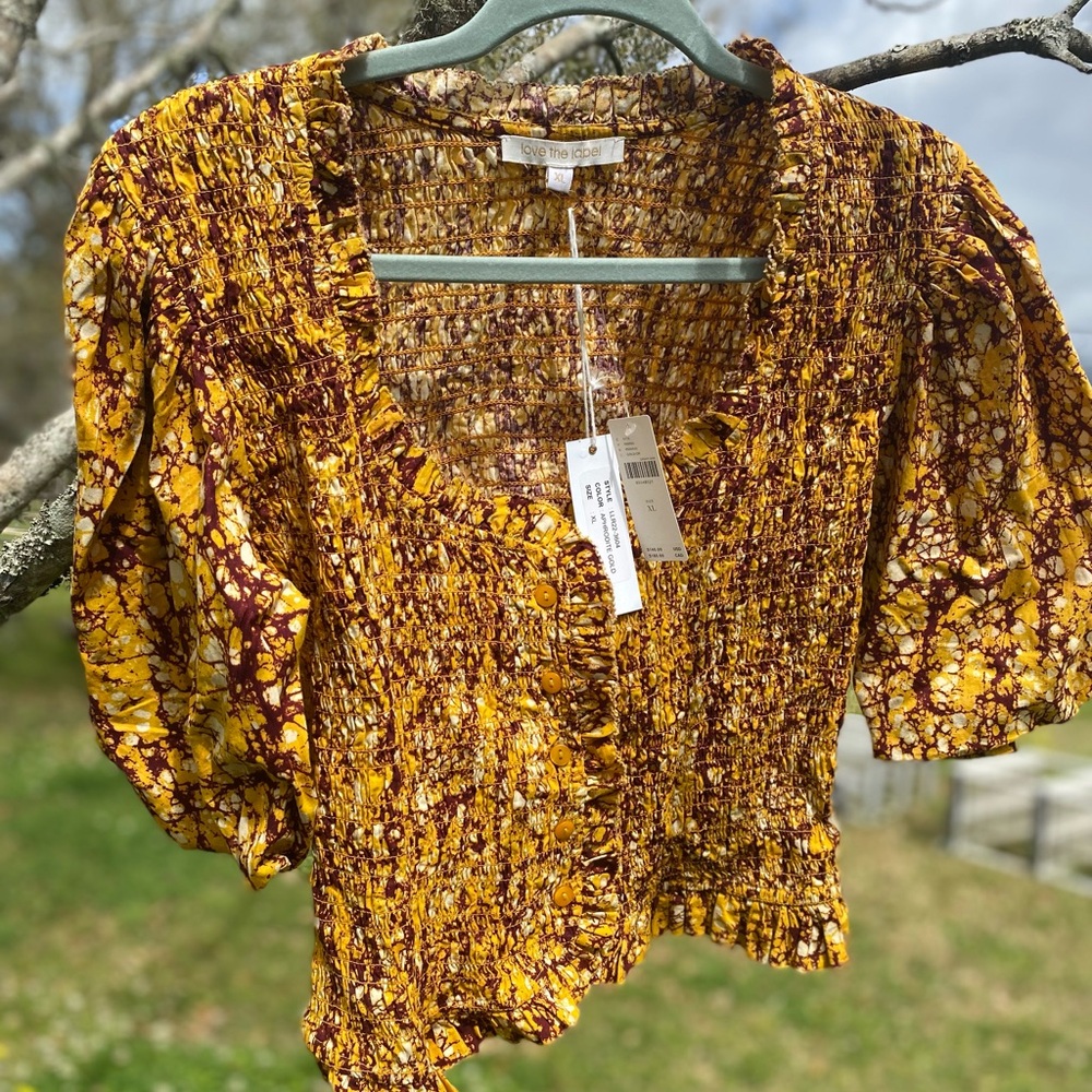 Gold and Brown Crop Blouse with Notched Collar